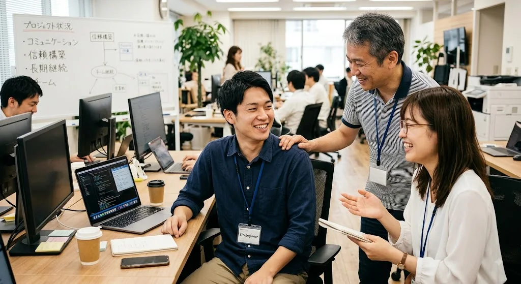 オフィスで打ち合わせをしながら談笑するエンジニアたち
