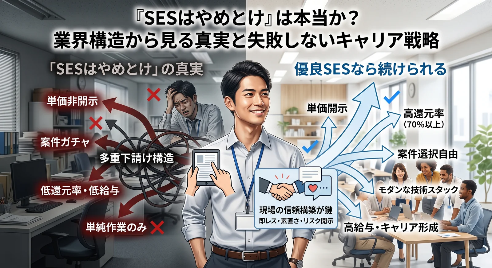 「SESはやめとけ」の真実と、優良SESなら続けられる理由を比較した図解