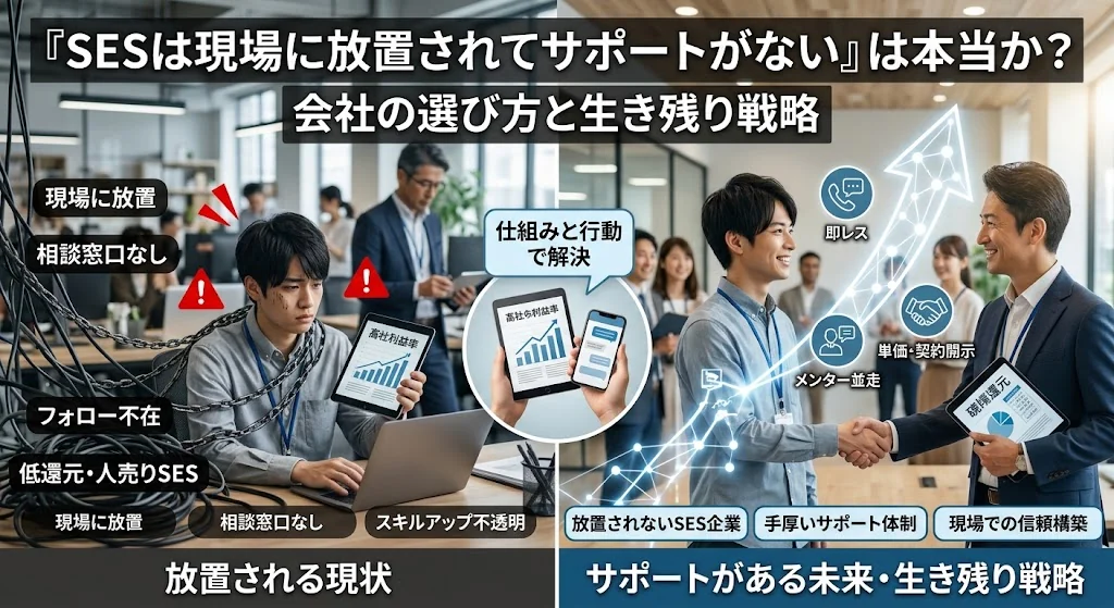放置される現状と、サポートがある未来を対比した図解