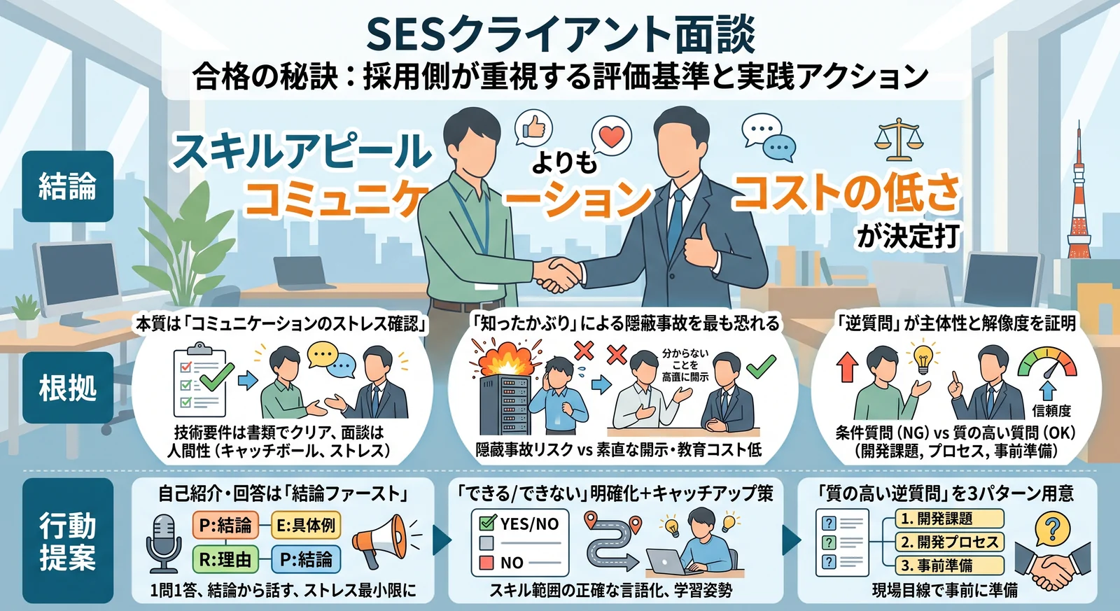 SESクライアント面談の合否を決める評価基準と対策をまとめた図解
