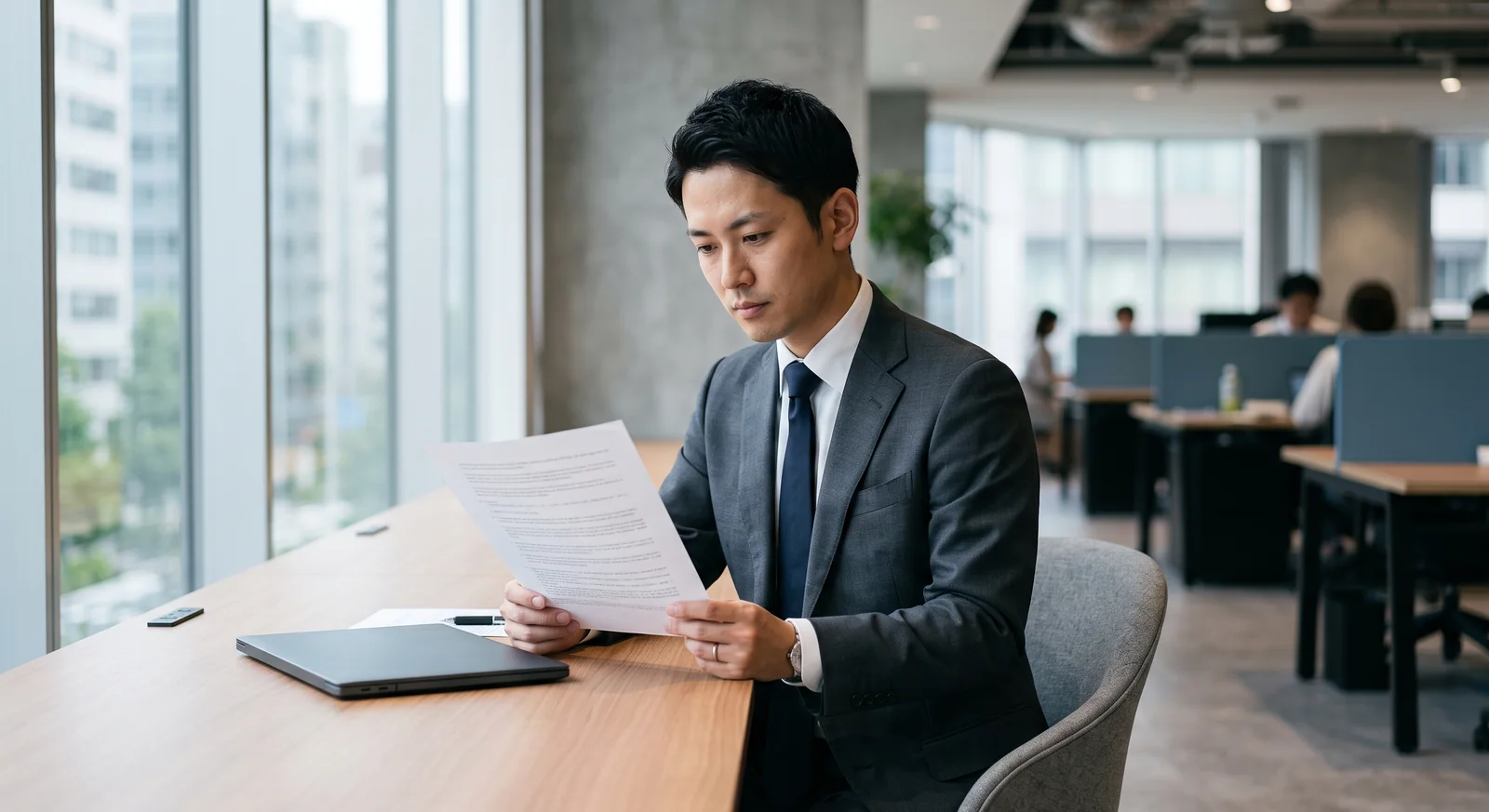 オフィスの机で書類を手に取り、内容を確認しているビジネスパーソン